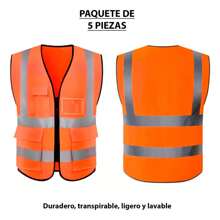 Vmingo 5 Piezas Chaleco Seguridad Reflectante Alta Visibilidad Industrial Brigadista con Bolsillos y Cremallera - Naranja - Ver 2