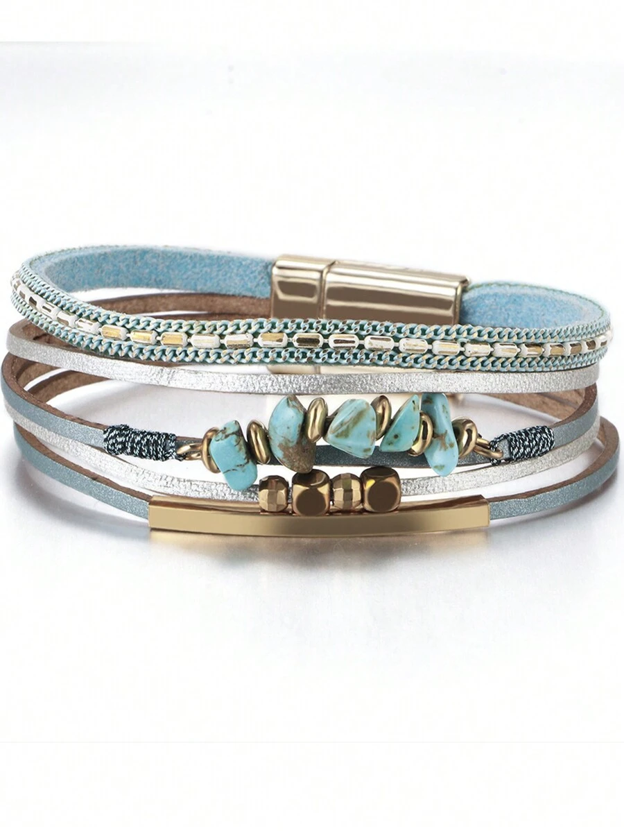 1pc European Style Leather Rope Natural Stone Beaded Brass Tube Design Blue Bracelet For Women, Summer Beach - Blue - View 1