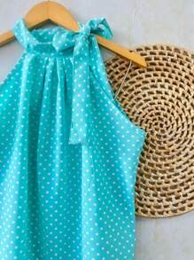 Women's Tank Top Polka Dot Turtleneck Blouse Great Quality Super Shipping - Màu xanh ngọc - Xem 4