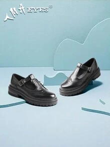 Women's Round Head Thick Bottom Chunky Heel Single Shoes T Buckle Strap Mary Jane Women's Shoes - 黑色 - 查看 4