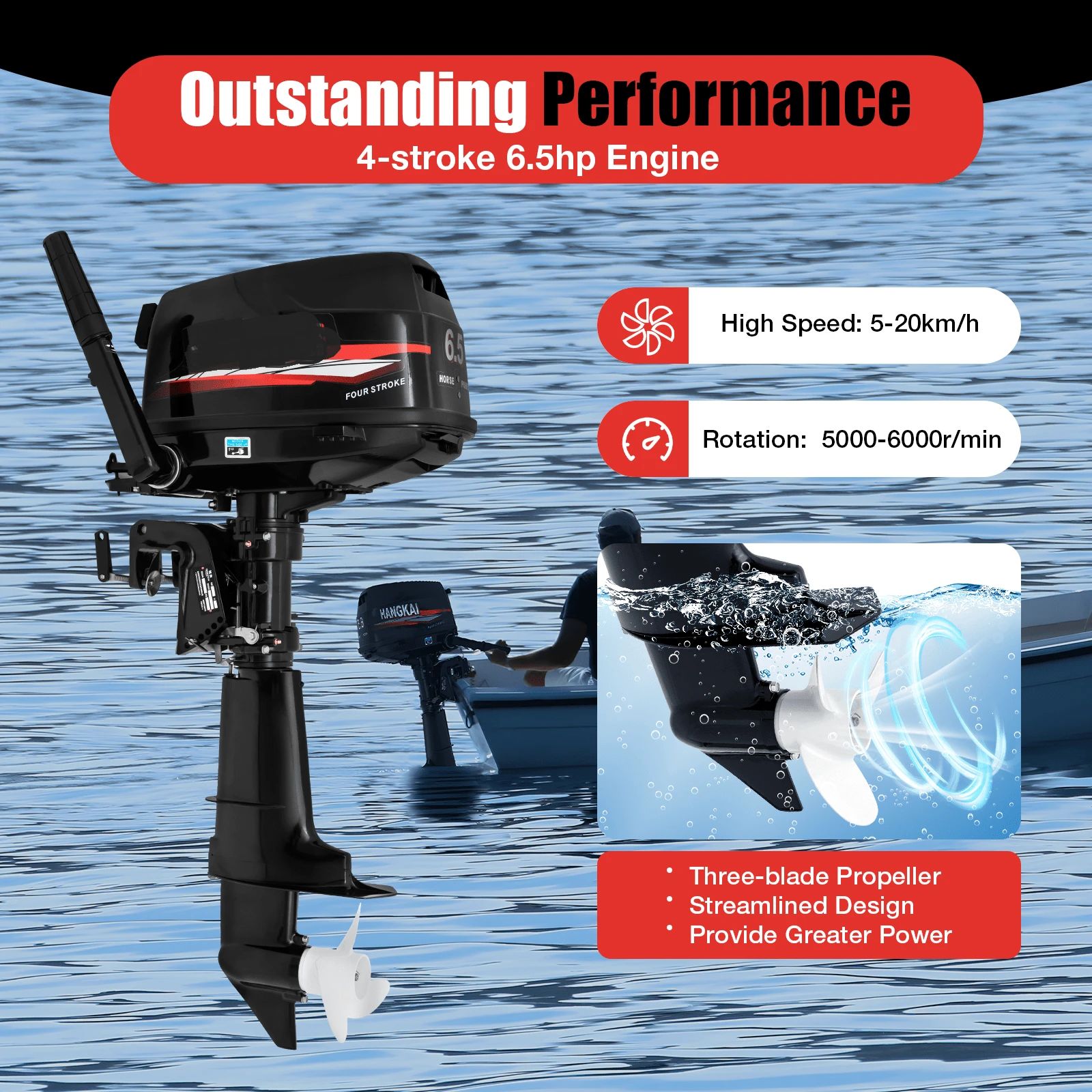 6.5HP 4-Stroke Outboard Motor Gasoline Boat Engine CDI Water Cooling System 4-Stroke 6.5HP Outboard Motor Boat Marine Engine Water-Cooling System 12L 123CC - Black - View 1