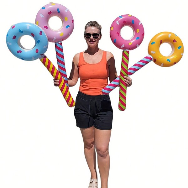 1pc Inflatable Donut, Pool Float Lollipop Decoration, Suitable For Themed Parties, Bachelor Parties, Outdoor Activities - PVC Material, Applicable For All Seasons