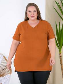Plus Size Fitness Viscolycra Butt Cover Blouse - 駝色 - 查看 2