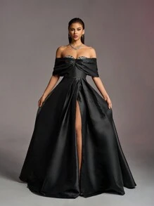 Faeriesty Rhinestone Decorated Off Shoulder Satin Wedding Dress - Black - View 1