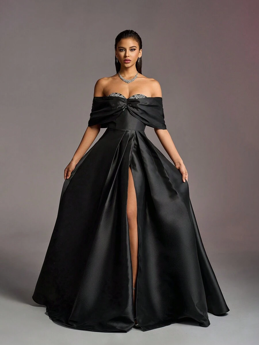 Faeriesty Rhinestone Decorated Off Shoulder Satin Wedding Dress - Black - View 1