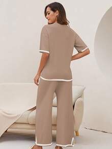 Cuello redondo  Traje de dos piezas para mujer  pantalones anchos traje deportivo  Camisa de verano para mujer suéter de punto de manga larga Blusas de Moda para Mujer:Conjunto de camisa de manga corto y pantalones largos simples de unicolor de 2 piezas - Caqui - Ver 5