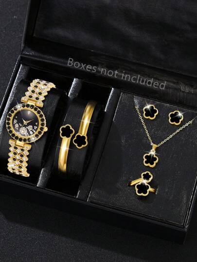 6 قطع مجموعة مجوهرات نسائية من الفولاذ المقاوم للصدأ بسوار ذهبي، تشمل ساعة بعقارب بسيطة من الأسود، أساور زهور، قلادة، أقراط، خاتم. مناسبة للارتداء اليومي ، وكهدية عيد الأم أو عيد الحب لصديقتك