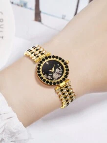 Bộ trang sức 6 món dành cho nữ, dây đeo thép không gỉ mạ vàng, kiểu dáng thời trang thường ngày, mặt tròn tối giản đính pha lê đen, máy quartz, gồm vòng tay, dây chuyền, bông tai và nhẫn, thích hợp để đeo hàng ngày và trang trí, cũng có thể dùng làm quà tặng Ngày của Mẹ, quà cho bạn gái, quà Ngày Valentine. - Vàng - Xem 5