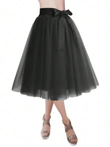 1pc Women Solid Color Long Midi-Length 65cm Knee-Length A-Line Layered Tulle Skirt, Versatile For Party, Dance, Everyday Fall Clothes For Women