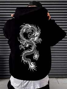Men's Chinese Dragon Drawstring Hoodie Manga Drawing - 黑色 - 查看 1