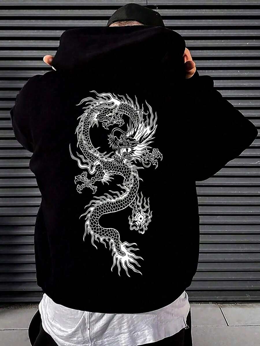 Men's Chinese Dragon Drawstring Hoodie Manga Drawing - 黑色 - 查看 1