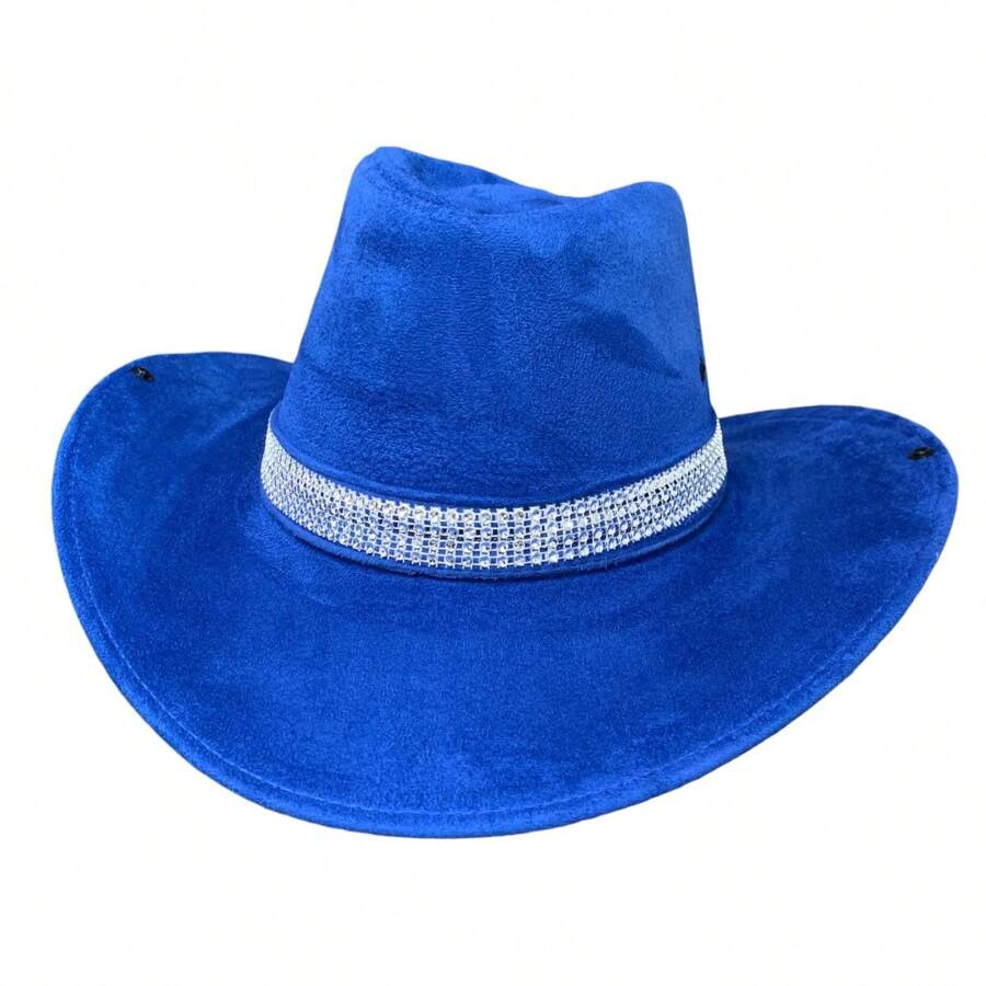 Customized Suede Cowboy Hat With Glitter Stripe - Royal Blue - View 1