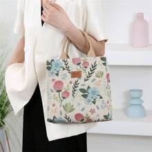 New Nylon Cloth Flower Print Large Capacity Portable Inner Aluminum Foil Insulation Zipper Semi-Closed Lunch Box Bag Work Commute With Lunch Handbag - Beige - View 5