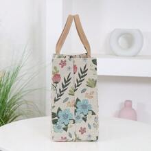 New Nylon Cloth Flower Print Large Capacity Portable Inner Aluminum Foil Insulation Zipper Semi-Closed Lunch Box Bag Work Commute With Lunch Handbag - Beige - View 7