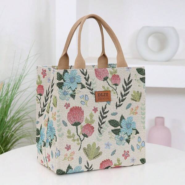 New Nylon Cloth Flower Print Large Capacity Portable Inner Aluminum Foil Insulation Zipper Semi-Closed Lunch Box Bag Work Commute With Lunch Handbag