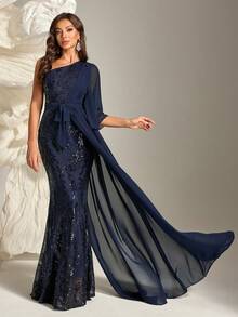 Asymmetrical Neck Solid Contrast Sequin Formal & Evening Dress Elegant Wedding Guest Gown, For Graduation, Dinner Party Dress - Royal Blue - View 3