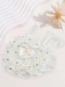 1 件白色结婚戒指枕头（不包括戒指）心形结婚戒指盒枕头垫配丝带珍珠蕾丝水晶玫瑰婚礼仪式戒指架