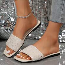 Women's Fashion Rhinestone Slide Sandals Open Summer Dressy Slippers Square Toe Slip On Flat Sandals - White - View 5