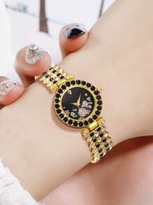 Bộ trang sức 6 món dành cho nữ, dây đeo thép không gỉ mạ vàng, kiểu dáng thời trang thường ngày, mặt tròn tối giản đính pha lê đen, máy quartz, gồm vòng tay, dây chuyền, bông tai và nhẫn, thích hợp để đeo hàng ngày và trang trí, cũng có thể dùng làm quà tặng Ngày của Mẹ, quà cho bạn gái, quà Ngày Valentine. - Vàng - Xem 4