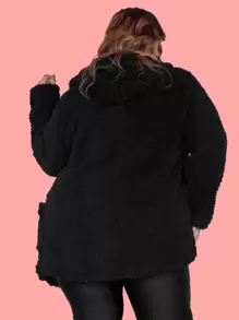 Women's PLUS SIZE Long Teddy Coat With Hood And Plush Pockets Inside And Out - Black - View 2