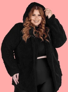 Women's PLUS SIZE Long Teddy Coat With Hood And Plush Pockets Inside And Out - Black - View 1