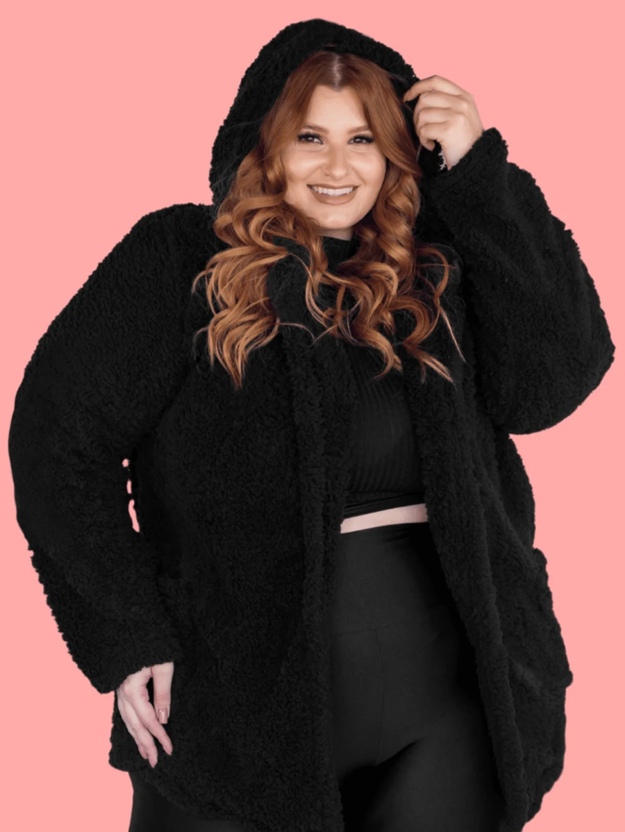 Women's PLUS SIZE Long Teddy Coat With Hood And Plush Pockets Inside And Out - Black - View 1