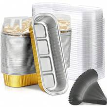 10/50 件迷你面包烤盘，带盖和勺子（6.8 盎司/200 毫升）迷你蛋糕盘，一次性矩形铝箔烤盘罐头容器 - 纸杯蛋糕容器包装纸芝士蛋糕焦糖布丁小模子