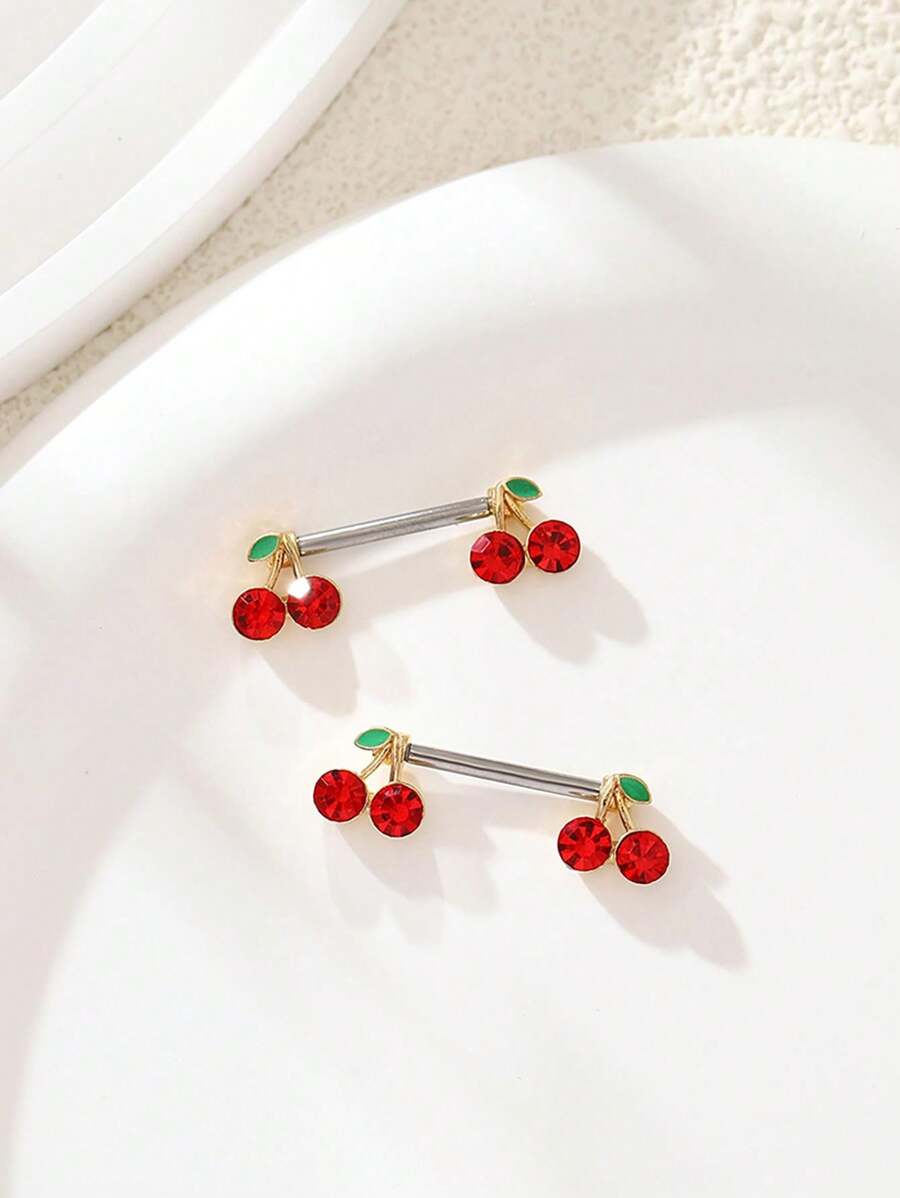 2pcs Fashionable & Cute Cherry Plant Stainless Steel Nipple Rings For Women - Multicolor - View 1