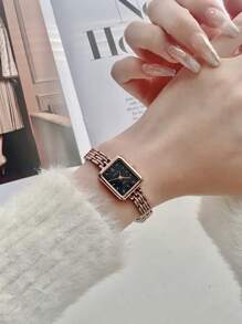 1pc Square Rose Gold Stainless Steel Quartz Watch With Bracelet, Fashion Casual Wristwatch For Daily