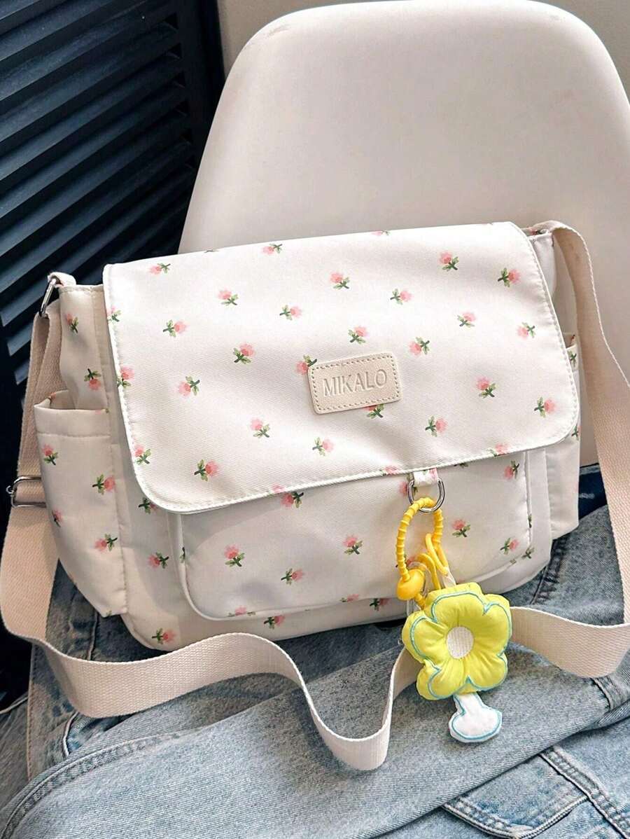 Túi đeo vai in hoa màu trơn đa năng, Túi đeo chéo du lịch cỡ lớn bằng nylon hình vuông dành cho nữ có mặt dây chuyền, Back To School Túi xách đựng tiền xu di động nhẹ kiểu đại học mới, Túi mua sắm đi làm thông thường hàng ngày dành cho cổ áo trắng và học sinh - Xem 1
