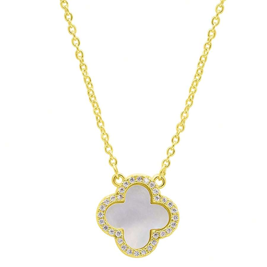 Adornia 14K Gold Plated Crystal Halo White Mother-Of-Pearl Clover ...