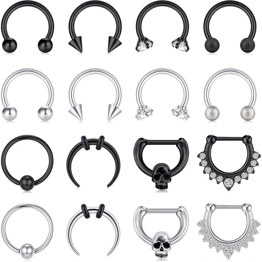 16G Septum Nose Rings Stainless Steel Hinged Seamless Nose Hoop Ring Horseshoe Piercing Jewelry Captive Bead Ring Helix Daith Tragus Cartilage Earrings For Women Men - 銀黑10MM - 查看 1