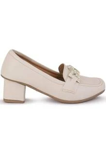 Women's Moccasin Shoes With Low Block Heel Square Gold Chain Elegant And Timeless - 幾乎是白色的 - 查看 3