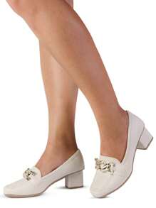 Women's Moccasin Shoes With Low Block Heel Square Gold Chain Elegant And Timeless - 幾乎是白色的 - 查看 7