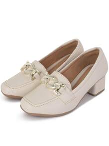 Women's Moccasin Shoes With Low Block Heel Square Gold Chain Elegant And Timeless - 幾乎是白色的 - 查看 5