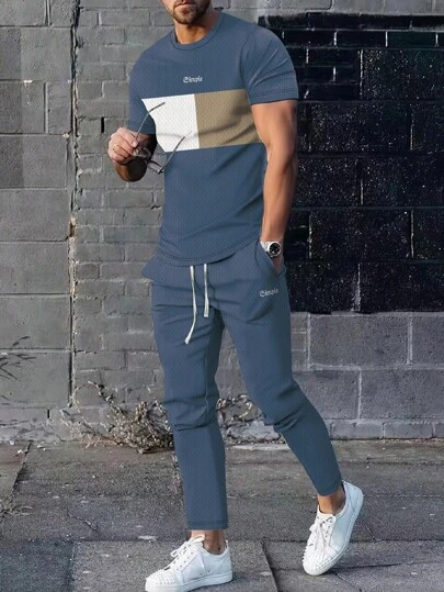 2 件男士优质柔软渐变休闲 T 恤和运动裤套装，畅销服装