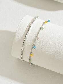 2pcs Fashion Elegant Romantic Ladylike Style Silver Rhinestone Plastic Elastic Anklet With Colorful Plastic Rhinestone Tassel Pendant, Adjustable Length Anklet Set For Women, Suitable For Beach, Holiday, Shopping - 彩色 - 查看 2