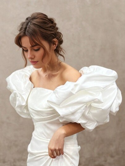 1 Pair White Satin Bridal Elastic Puff Sleeves For Wedding Dress Autumn Accessories