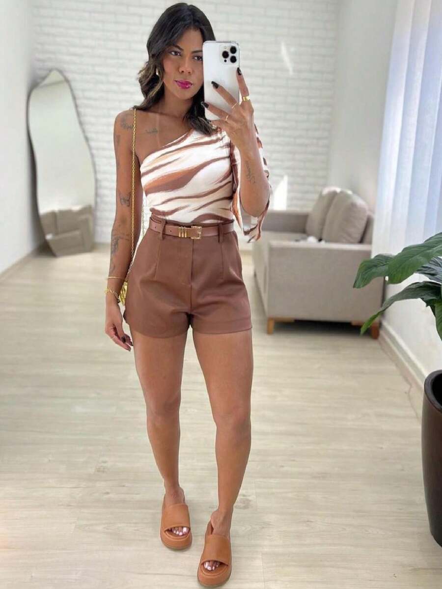 Women's Shorts Social Tailoring With Belt Tendência Verão - Promotion - Rỉ Nâu - Xem 1
