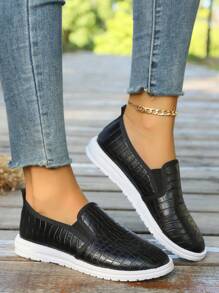 Mujeres 2024 Otoño Nuevo Mocasines casuales de punta redonda agrietado con efecto de deslizamiento, zapatos planos de lona de mendigo con brillo a juego con todo, tallas grandes