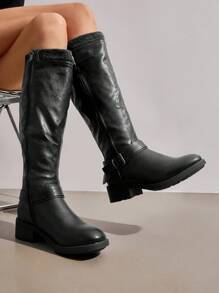 Women's Turtle Black Knee High Motorcycle Riding Winter Boots Wide Calf - 黑色 - 查看 3