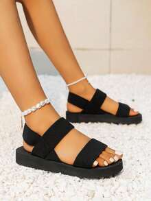 Women's Simple Versatile Fashion Elastic Band Wedge Flat Sandals, Black Round Toe Lightweight Casual Beach Party Indoor Plastic Soft Bottom Slippers, Summer - Black - View 4