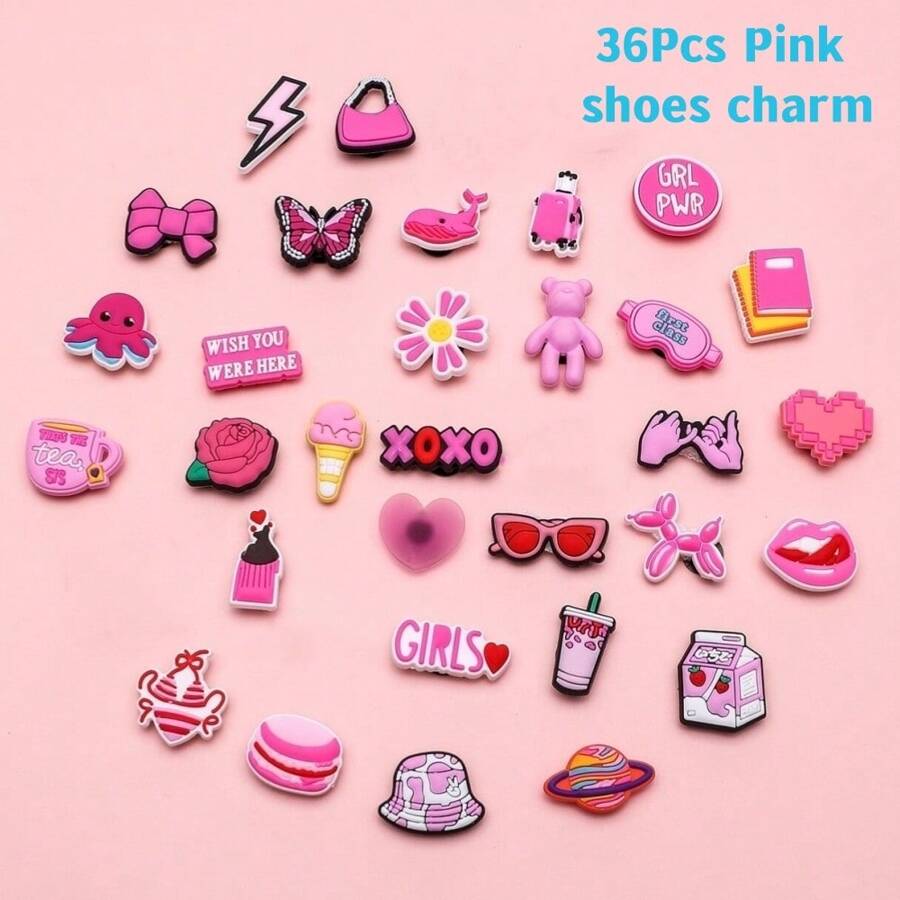 36 件粉色可拆卸鞋饰，DIY 装饰，带非一体式扣环 - 36Pcs Complete Set - 查看 1