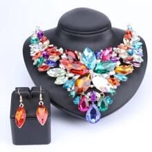 1set Fashionable Charming Gold-Plated Purple Crystal Rhinestone Water Drop Necklace & Earrings Jewelry Set, Suitable For Women Wedding, Ball, Party, Birthday, Holiday Gift