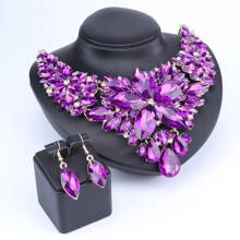 1set Fashionable Charming Gold-Plated Purple Crystal Rhinestone Water Drop Necklace & Earrings Jewelry Set, Suitable For Women Wedding, Ball, Party, Birthday, Holiday Gift