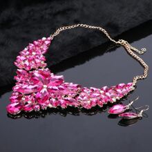 1set Fashionable Charming Gold-Plated Purple Crystal Rhinestone Water Drop Necklace & Earrings Jewelry Set, Suitable For Women Wedding, Ball, Party, Birthday, Holiday Gift