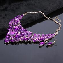 1set Fashionable Charming Gold-Plated Purple Crystal Rhinestone Water Drop Necklace & Earrings Jewelry Set, Suitable For Women Wedding, Ball, Party, Birthday, Holiday Gift