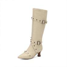 Women's Thigh High Boots, Pointed Toe Stiletto Heel Boots, With Belts, Lace-Up, Rivets, Western Boots, Fashion Punk Motorcycle Boots, High Heel Shoes - Beige - View 5
