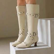 Women's Thigh High Boots, Pointed Toe Stiletto Heel Boots, With Belts, Lace-Up, Rivets, Western Boots, Fashion Punk Motorcycle Boots, High Heel Shoes - Beige - View 3