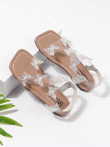 适合女孩的漂亮水钻凉鞋，新款夏季平底仙女款带裙摆，海滩度假闪亮凉鞋 - 銀色 - 查看 4